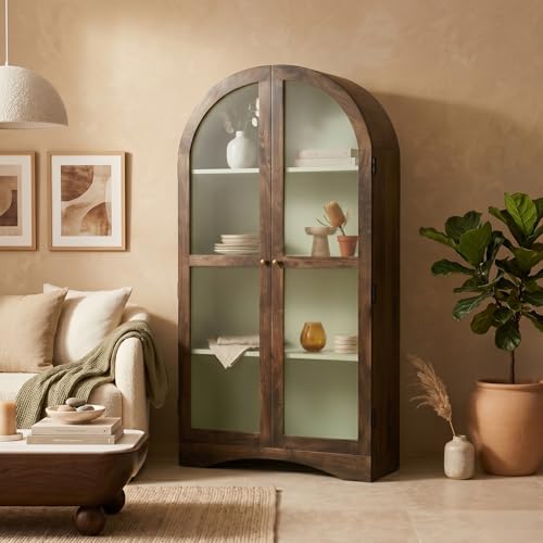 Image of Archies 2 Door Display Cabinet Crockery Cabinet Wooden Multipurpose Cabinet Scratch Resistant Tubaq and Off White Finish Mango Wood 80 x 40 x 160 cm