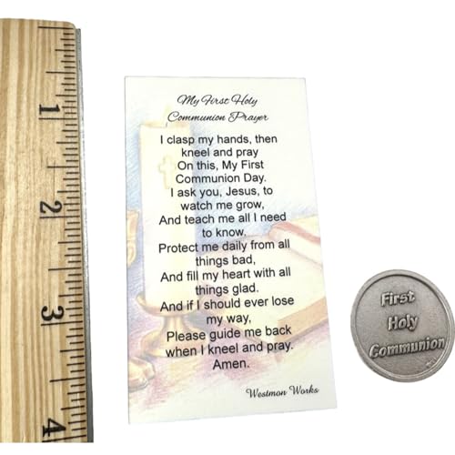 Image of Westmon Works First Communion Pocket Token Set Italian Metal Prayer Trinket with Catholic Made in the USA Holy Card