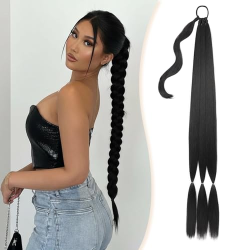 Long Braided Ponytail Extension with Hair Tie Wrap Around Straight Hair Extension Ponytail 34 Inches Natural Soft Synthetic Hairpiece for Women Daily Weddings Parties and Festivals Wear 150 Gram Black