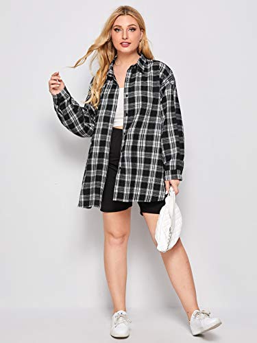 Shein Women's Plus Drop Shoulder Curved Hem Overshirt Button Down Plaid Shirt Blouse Tops Black Xx-Large Plus #TOP4
