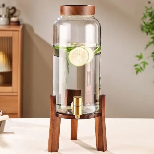 ドリンクサーバー ガラス製 蛇口付き 大容量 3L/4L/5L/6L 冷水筒 飲料貯蔵容器 梅酒・ジュース・ビール用 密閉タンク パーティー レストラン ホテル用 (4L,アカシア材蛇口付き冷水瓶+無垢木製の底座)