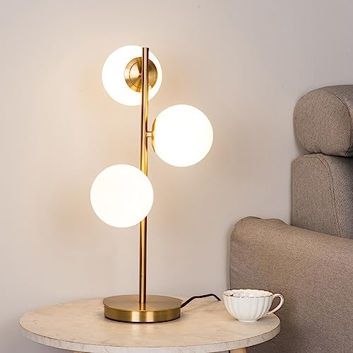 AMARTIZ Modern Gold Globe Table Lamp Mid Century 3-Light Desk Lamp with Milk White Glass Shade Metal Base Nightstand Lamp for Bedroom Bedside End Table,G9 Bulb(Not Included)
