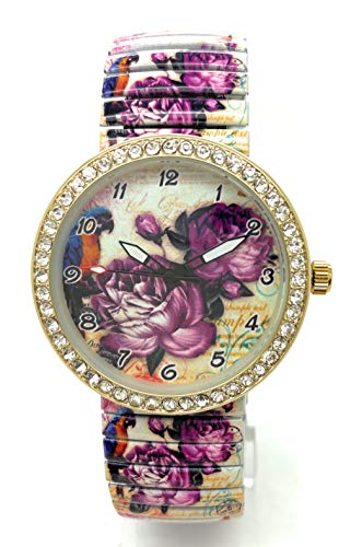 Montre élastique motif floral violet : enfilage facile et sans boucle