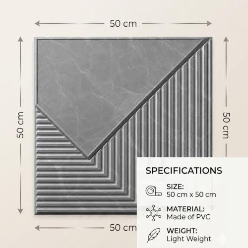 Image of Kayra Decor 3D PVC Wall Panels for Bedroom & Living Room | Plaina Design | Gray Marble Color | 19.7 x 19.7 Inch | Pack of 18 | 42.48 Sq Ft