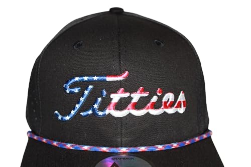 Image of USA Titties Black with Black Laser Mesh Red, White, and Blue Rope Golf Hat Men Women Funny Baseball Cap Trucker Hat
