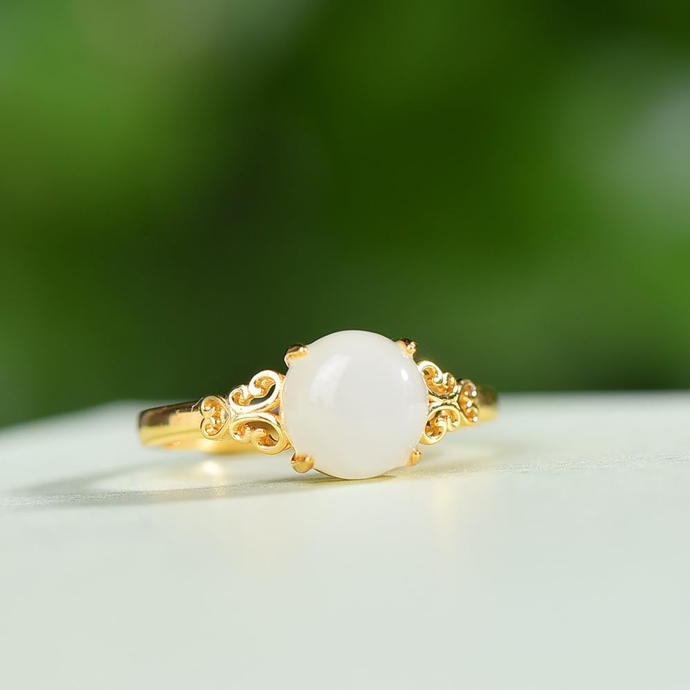 S925 Silver-Inlaid Natural White Jade Round Drum Face Ring Opening Adjustable Including Certificate
