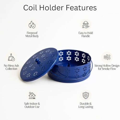 Image of DSH Metal Mosquito Coil Holder with Lid & Handle Ash Catcher Stand for Mosquito Coil Indoor Outdoor Safe Use (Blue)
