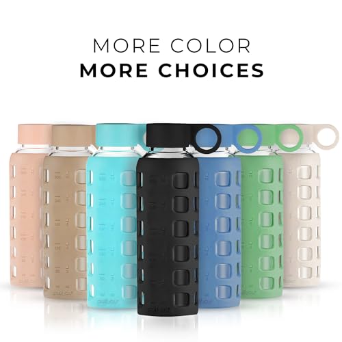 purifyou 40oz / 32oz / 22oz / 12oz Borosilicate Glass Water Bottle with Time & Volume Markers, Silicone Sleeve, Stainless Steel Lid | Reusable Glass Bottle for Water & Juice (12oz Jet Black)