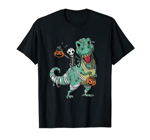 Skeleton Riding Mummy Dinosaur T-Rex Halloween Pumpkin T-Shirt