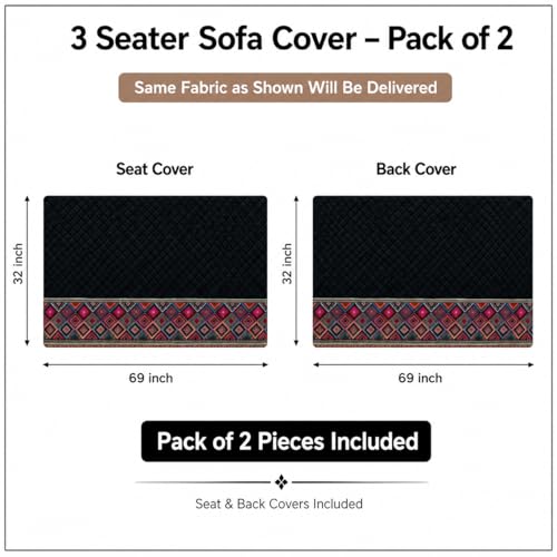 Image of KINGLY Sofa Cover 3 Seater Fully Covered | Stretchable Anti-Slip Slipcover | Washable Furniture Protector | Black Multicolor | Set of 2 | Seat & Back |