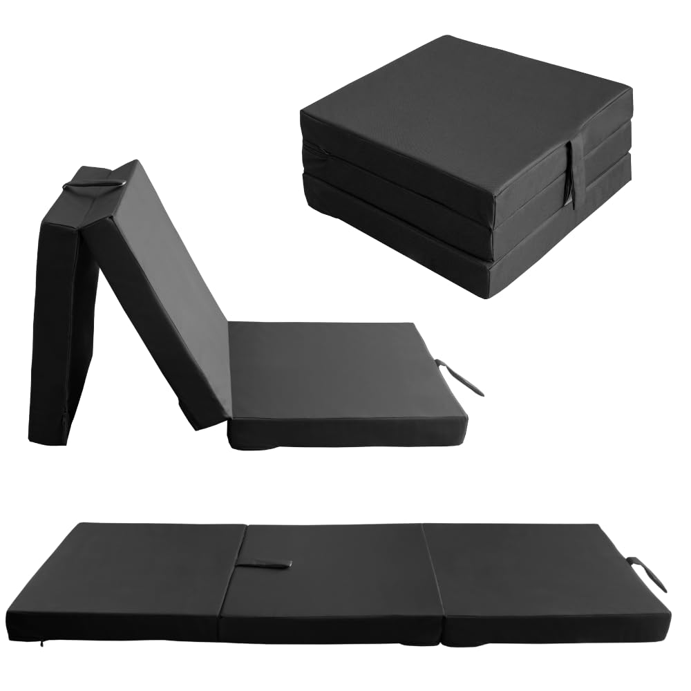 Materasso pieghevole in 3 pezzi, 200 x 60 x 10 cm, impermeabile, pieghevole, materasso per ospiti, materasso pieghevole, materasso da campeggio (nero)