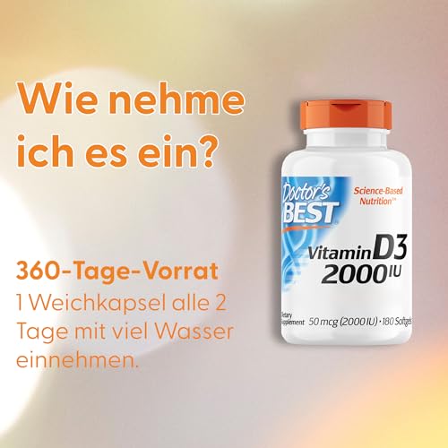 Doctor's Best, Vitamin D3, 2.000IU, 2-Tages-Depot, 180 Kapseln, Laborgeprüft, Glutenfrei, Sofafrei