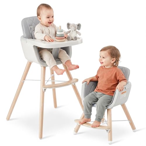 Image of Mallify 3-in-1 Wooden High Chair, Convertible High Chairs for Babies and Toddlers, Baby Highchair with Adjustable Legs & Dishwasher-Safe Tray, Sleek Hardwood & Premium PU Cushion, Gray