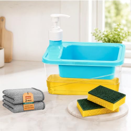 Image of Solitude 2-in-1 Double Layer Soap Dispenser with Sponge Holder | Liquid Dishwash Dispenser with 2 Sponges and 2 Double Layer Dishcloths