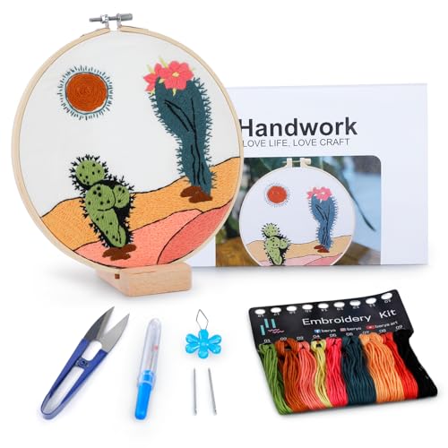 Image of BERYA Funny Cactus Embroidery Kit with Embroidery Hoop, Easy Embroidery Kit for Beginners, Include Instructions, Display Stand, Printed Cloth, Threads and Tools - with Video Tutorials (BEC003)
