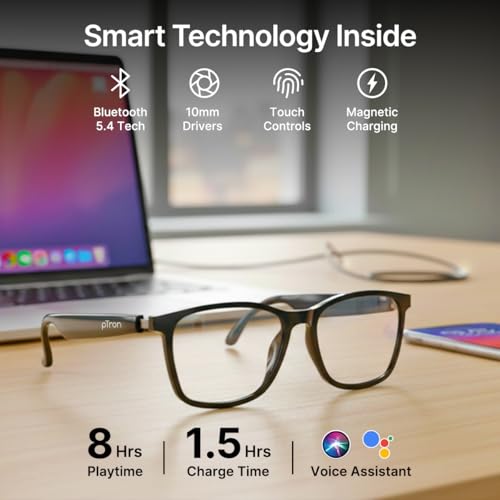 Image of pTron Orbis Urban Smart Clip-On Smart Glasses w /Bluetooth V5.4, Open Ear Music, Handsfree Calls, Protects Eye from Blue Light Emitted from Digital Screens, 8Hrs Playtime, Connect with Phones