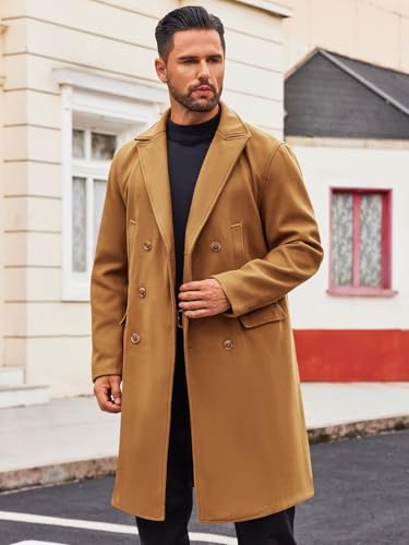 Image of Runcati Mens Trench Coat Notch Lapel Slim Fit Double Breasted Casual Long Business Pea Coat Overcoat