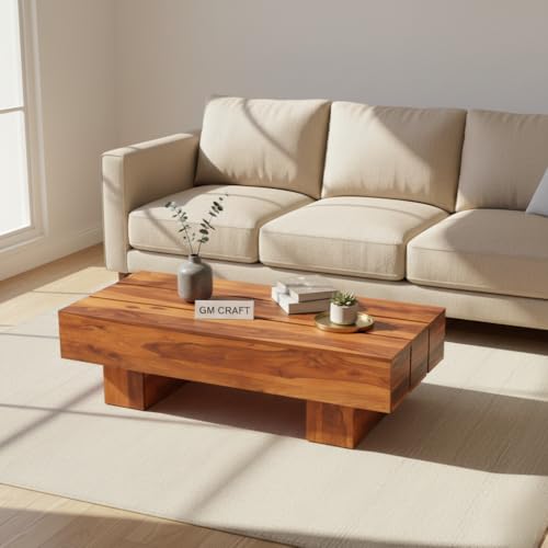 Image of Sheeshsam Wooden Coffee Center Table - Solid Wooden Coffee Table for Living Room - Tea Table Teapoy Center Piece for Home Sofa Center Table for Living Room (Honey, Jason)