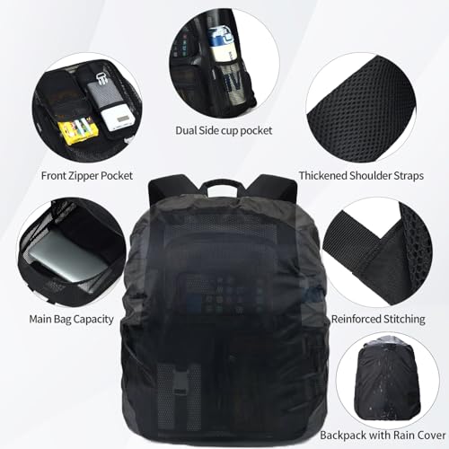 Image of Heavy Duty Mesh Backpack with Rain Cover For Stadium Event,16in Net Bookbag | Black See Through Net Backpack Semi-Transparent Large Lightweight Breathable for School Work Swimming Beach Fitness Sport