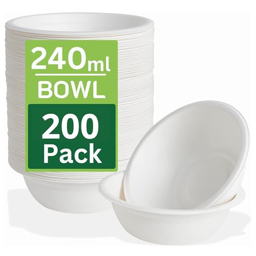 Ask Packaging 200 Pack Strong Paper Bowls – 240ml Small Disposable Compostable Bagasse Bowl for Party – (4.5 x 1.77 inches) Biodegradable Microwavable Soup Bowls - Idea for Dessert Milk Salad Cereals
