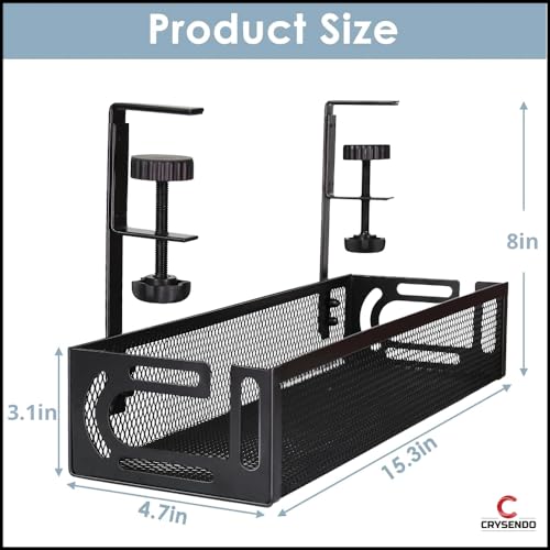 Image of Crysendo Under Desk Cable Management Tray | Mesh Desk Cord Organizer, Computer Cable Rack for Office | 15 inch Metal Cable Tray with Adjustable Clamp for Home (Black) (Free Spiral Included)