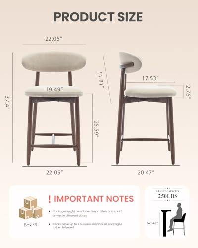 Image of Bar Stools Set of 6, 25.6″ Counter Height Bar Stools with Wood Legs, Upholstered Modern Kitchen Barstools for Kitchen Island Dining Room Bar, Beige