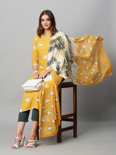 Image of GoSriKi Women's Cotton Blend Straight Printed Kurta with Pant & Dupatta