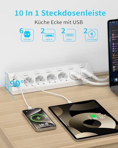 Inhwatek Eck Steckdosenleiste Überspannungsschutz mit USB C, 6 Fach Tischsteckdose Mehrfachsteckdose mit 2M Kabel (4000W,16A) Steckdosenleiste Wandmontage für Küchemit Heim Büro 2
