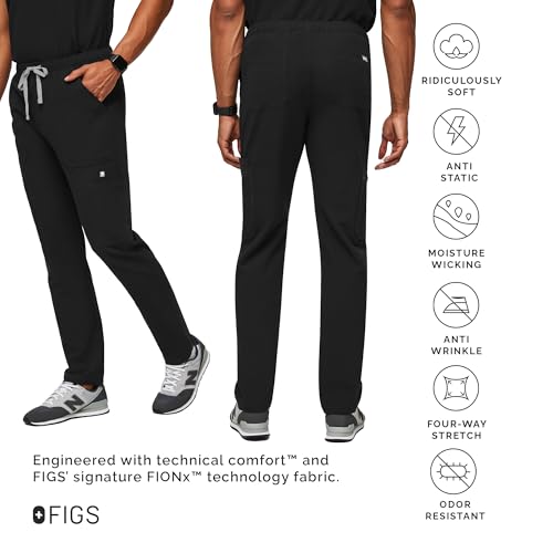 FIGS Leon Top & Cairo Pants Scrub Set for Men — Classic V-Neck, Straight Leg, Anti-Winkle, 4-Way Stretch — Black, XL