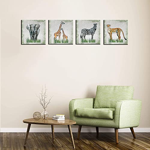 Byllyaz Wild Animals Canvas Wall Art For Bedroom Decor Retro Elephant Leopard With Green Plants Print Picture For Home Decor 4Pcs/Set 12X12 #TOP5