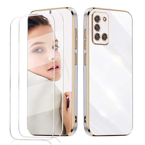 LENGRACE para OPPO A52 Borde Chapado Carcasa con 2 Protector Pantalla,Galvánico Silicona TPU Anti-Choque Antigolpes Funda-Blanco