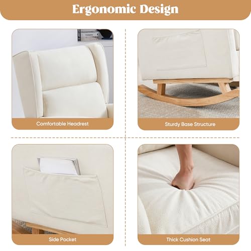 Image of HCHAIRH Nursery Rocking Chairs, Rocking Chair Nursery for Mom Nursery Rocker with High Backrest and Solid Wood Legs, Beige Modern Wingback Accent Chairs for Reading Living Room Bedroom