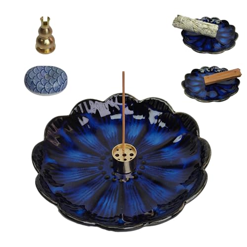 Ceramic Incense Holder, Incense Burner with 3 Pcs Incense Holes, Multi-Purpose Ash Catcher for Sticks, Coils, White Sage & Palo Santo, Smudge Bowl with Elegant Design, Perfect for Home Décor (Blue)