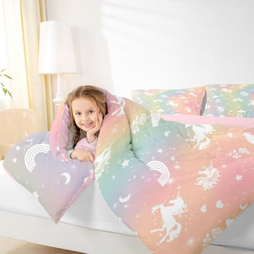 Image of Erosebridal Girls Unicorn King Bedding Set Rainbow Unicorn Comforter Set for Kids Child Ombre Stars Moon Comforter Fantasy Girls Room Decor Rose Flower Duvet Insert Cartoon Kawaii Bed Set