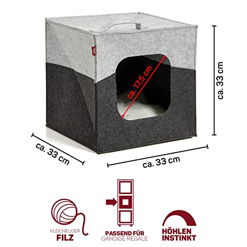 CanadianCat Company | Katzenhöhle Katzenbox aus Filz, passend für IKEA Regal Kallax und Expedit, Katzenhaus inkl. 2-Funktion-Wendekissen, hellgrau/dunkelgrau, ca. 33 x 33 x 33 cm