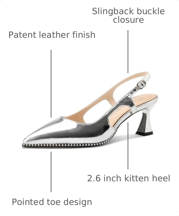 Image of TNYNFBEB Womens Kitten Heel Pointed Toe Pumps Sliver Beaded Slingback Slip-on Buckle Prom Dress Basic Classic Patent Leather Summer 2.6 Inches Heels