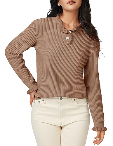 Arach&Cloz Womens Swaters 2024 Fall Fashion Outfits Long Sleeve Crewneck Knit Tops Ruffle Casual T-Shirts Cute Tees Blouses2