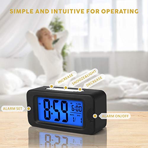 Digital Alarm Clocks - Plumeet Kids Clock Light Up All Night, 4'' LCD Display Showing Time Alarm Date - Bedside Clocks with Snooze for Bedroom Kitchen Office Battery Operated (Black)