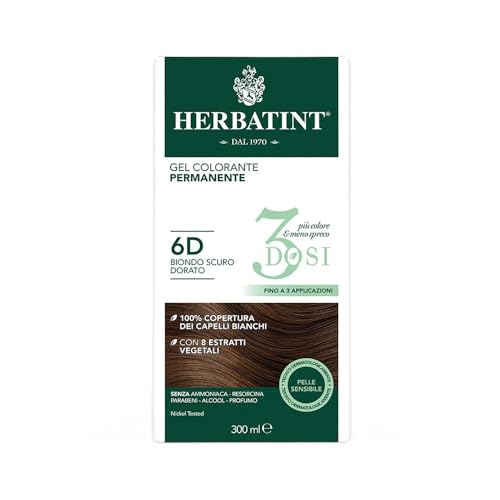 Herbatint Gel colorante permanente 3Dosis, 300 ml – 6D Rubio Oscuro Dorado, sin amoniaco, para pieles sensibles, cobertura 100% para cabellos blancos, con 8 extractos naturales biológicos