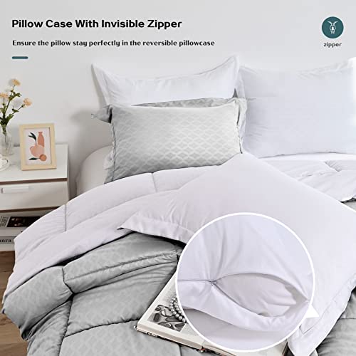 Unilibra Queen Size Comforter Set Lightweight, 3 Pieces Reversible Bedding Comforter Set Queen With Down Alternative Comforter, 2 Pillow Cases For All Season (Light Grey/White) #TOP3