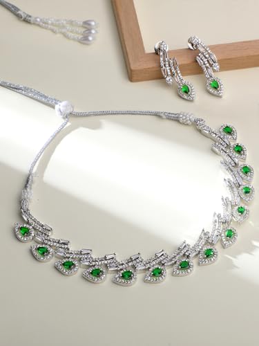 Image of ASMITTA Jewellery American Diamond Necklace Set Rhodium Plated Choker Necklace with Earrings for Weddings, Parties & Festivals