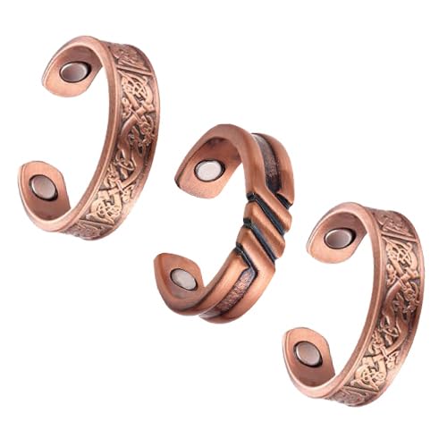 3 Copper Rings for Men, 99.99% Solid Pure Copper, 3pcs 3500 Gauss #9 Rings Vintage Pattern Adjustable Cuff Ring