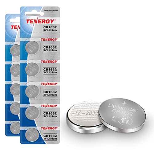 Tenergy CR1632 3V Lithium Button Cell for Watches Key Fobs Calculators Medical Devices and More 10 Count (Pack of 2)