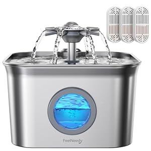Stainless Steel Cat Water Fountain, 2.8L with 20dB Ultra-Quiet Pump- Ideal for Timid Pets, LED Water Level Window, Dishwasher Safe, 24/7 Circulation- Includes 3 Replacement Filters