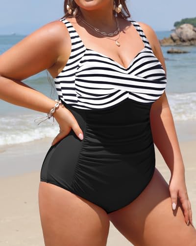 Image of Women Plus Size One Piece Swimsuits Tummy Control Twist Front Bathing Suit | Unremovable Bra, Sweetheart Neckline, Wide Adjustable Straps, Ruched Stomach, Side-Splicing Design, Full Coverage Bottom