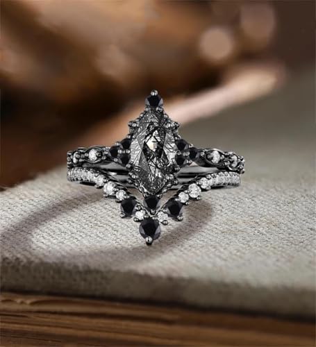 Marquise Cut Gemstone Engagement Ring Set for Women Art Deco Rose Gold 1Ct Alexandrite and Moissanite Wedding Ring 925 Silver 10K 14K Solid Gold Bridal Set for Wife3