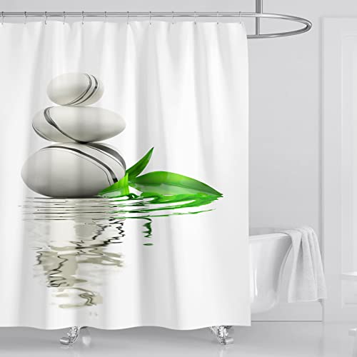 OCEUMACO Duschvorhang 180x200 Zen Shower Curtains Blätter Steine Textil Antischimmel Wasserdicht 3D Duschvorhänge Badewanne Stoff aus Polyester Waschbar Vorhang mit 12 Ringe - Weiß