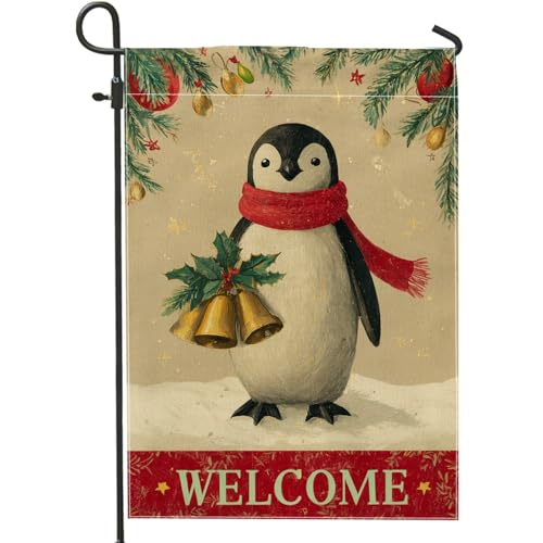 Bandera de jardín de pingüino, campanas de acebo festivas de invierno, arpillera roja, banderas decorativas de doble cara para exteriores, patio, césped, porche, entrada, camping, 12 x 18 pulgadas