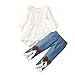 2 pezzi per bambini in prima infanzia, bambine autunnali, tenuta a volanti con maniche svasate, T-Shirt Alti Denim Campanella, bianco, 3-4 anni