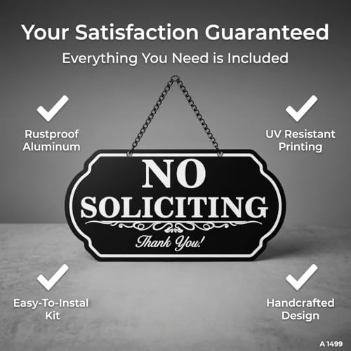 Image of No Soliciting Sign for Front Door, 10 x 5 Inch Aluminum No Soliciting Hanging Sign, Weatherproof Outdoor No Solicitors Sign with Chain, UV Printed Rust-Free Sign for Home, Office, Porch, Yard